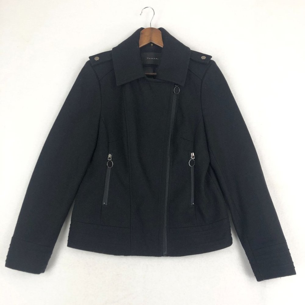Tahari Women's Size Medium Black Wool Blend Asymmetrical Zip Collared Jacket